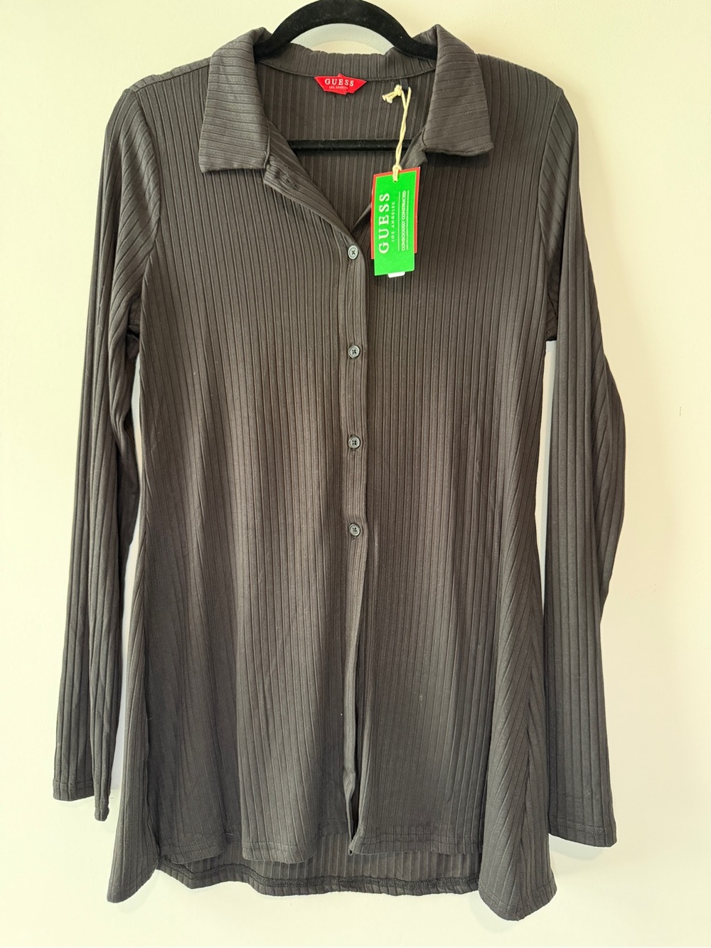 GUESS Women's Ribbed Button-Up Long Sleeve Top - Black